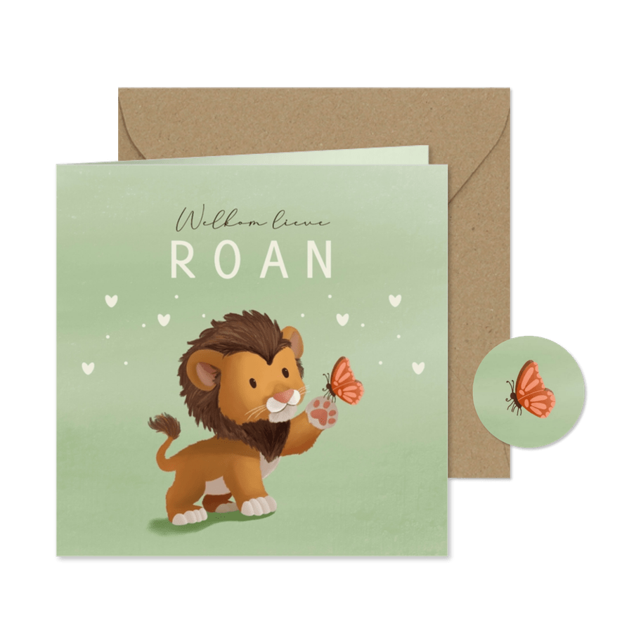 Lief geboortekaartje met leeuw en vlinder - Kaartimpressie