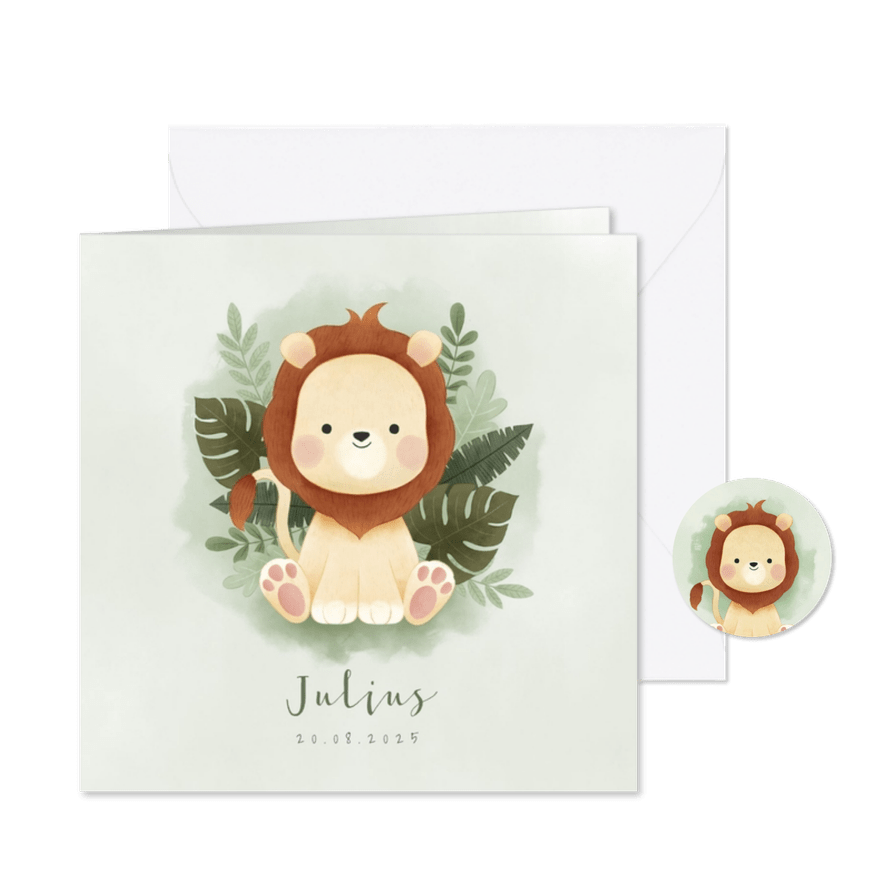 Lief geboortekaartje met leeuw, plantjes en waterverf - Kaartimpressie