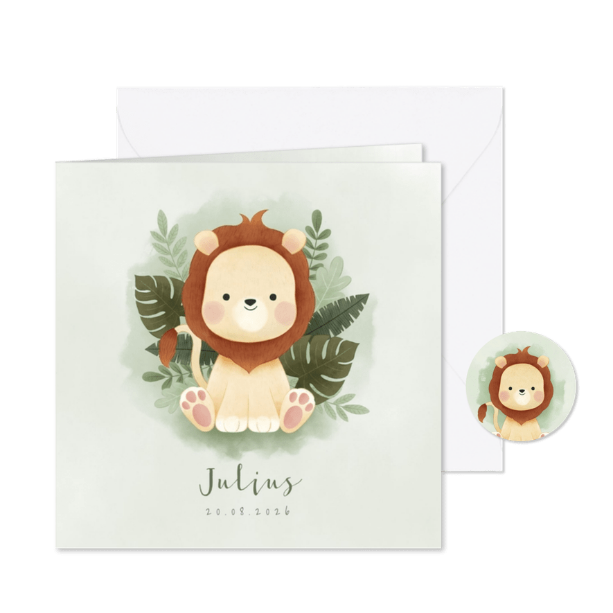 Lief geboortekaartje met leeuw, plantjes en waterverf - Kaartimpressie