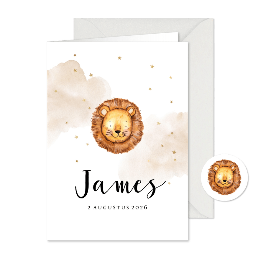 Lief geboortekaartje met leeuwtje en gouden sterretjes - Kaartimpressie