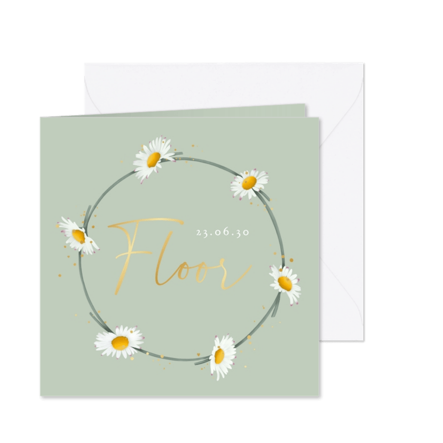 Lief geboortekaartje met madeliefjeskrans - kleur naar wens - Kaartimpressie