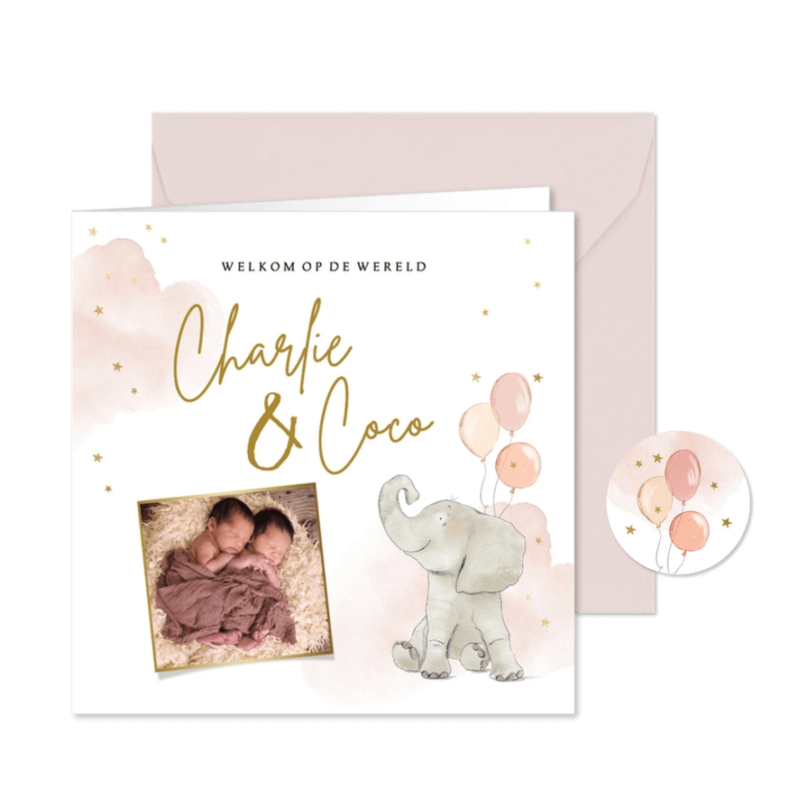 Lief geboortekaartje met olifantje ballonnen en foto - Kaartimpressie