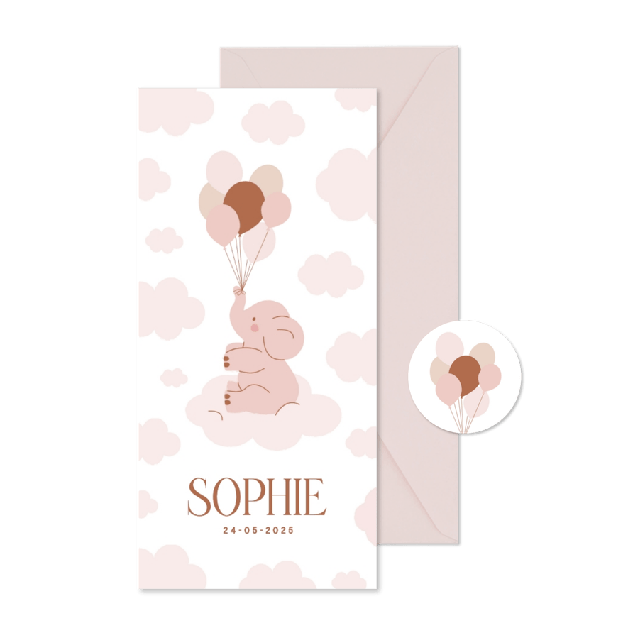 Lief geboortekaartje met olifantje en ballonnen wit roze - Kaartimpressie