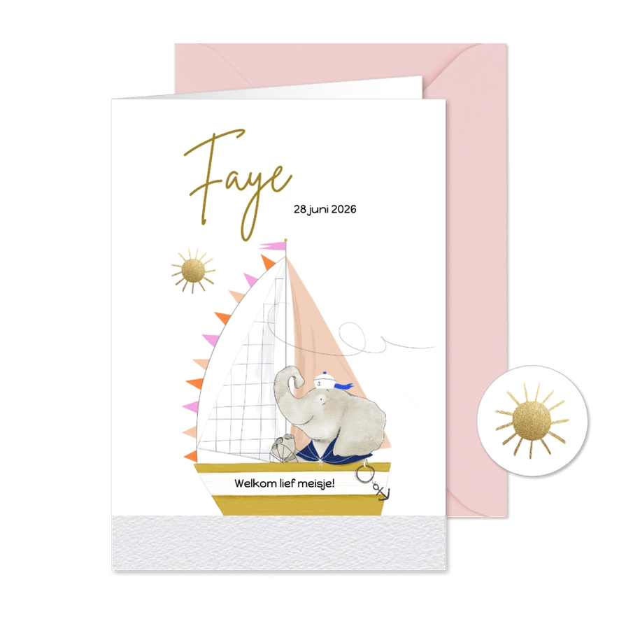 Lief geboortekaartje met olifantje en zeilboot - Kaartimpressie