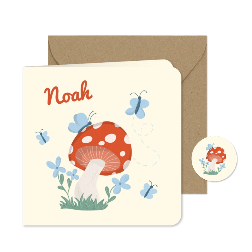 Lief geboortekaartje met paddenstoel en vlindertjes jongen - Kaartimpressie