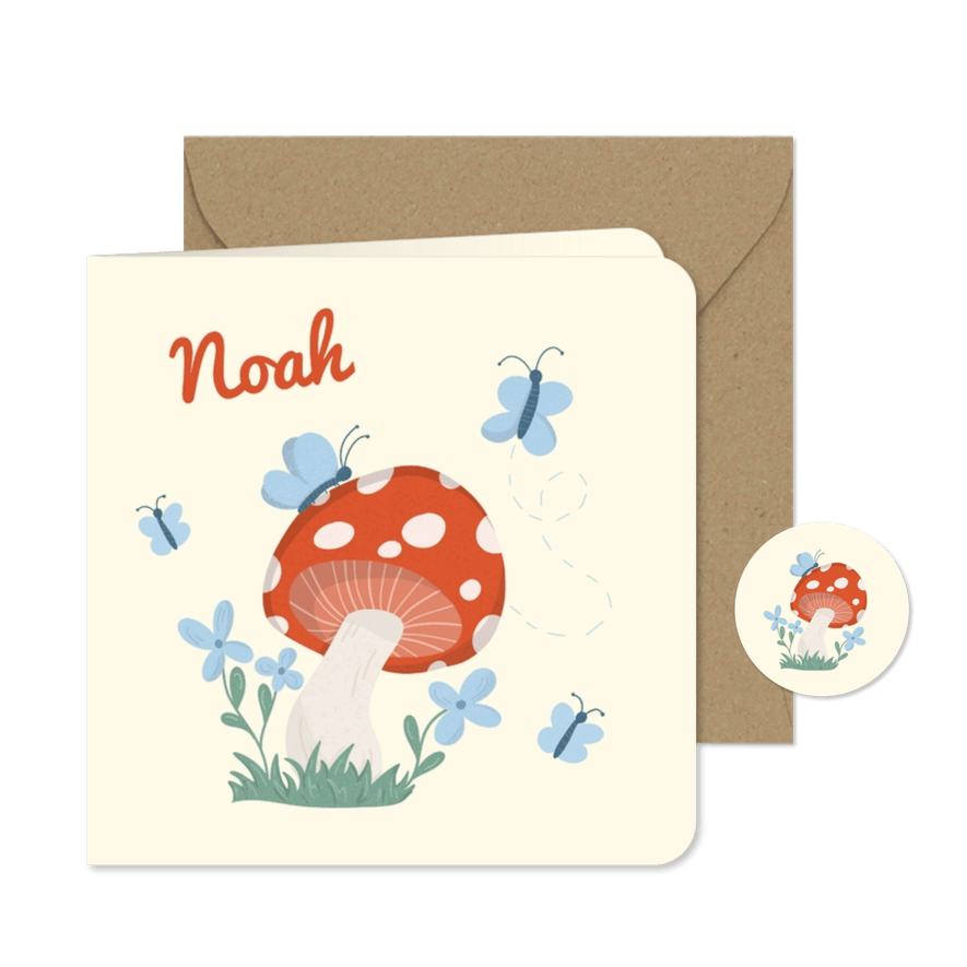 Lief geboortekaartje met paddenstoel en vlindertjes jongen - Kaartimpressie