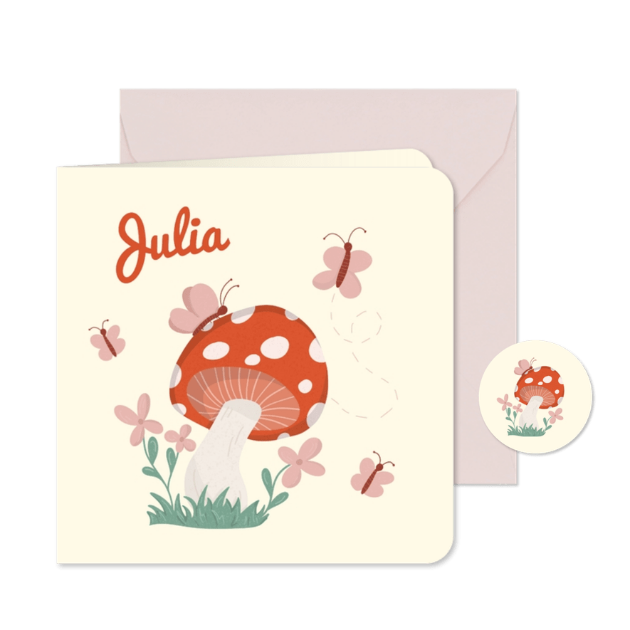 Lief geboortekaartje met paddestoel en vlindertjes rood roze - Kaartimpressie