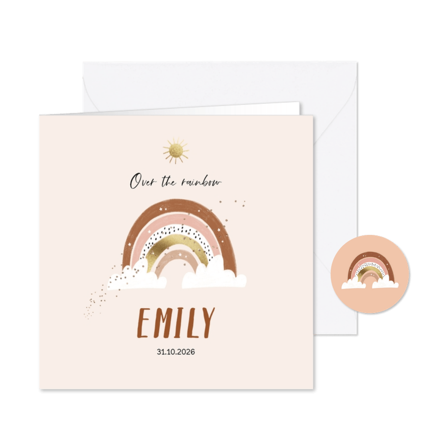 Lief geboortekaartje met regenboog en gouden accenten - Kaartimpressie