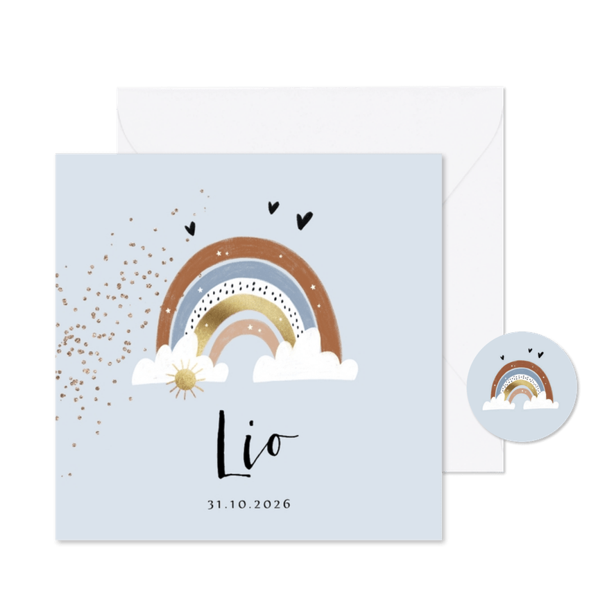 Lief geboortekaartje met regenboog, zon en wolkjes - Kaartimpressie
