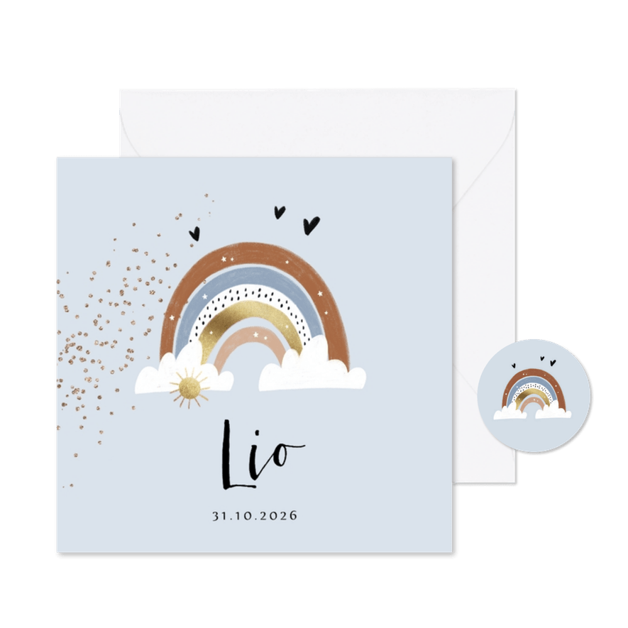 Lief geboortekaartje met regenboog, zon en wolkjes - Kaartimpressie