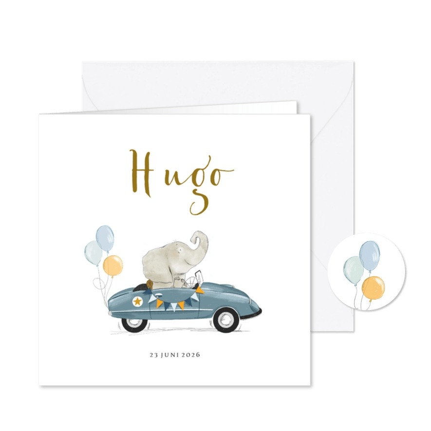 Lief geboortekaartje met retro trapauto en olifantje - Kaartimpressie
