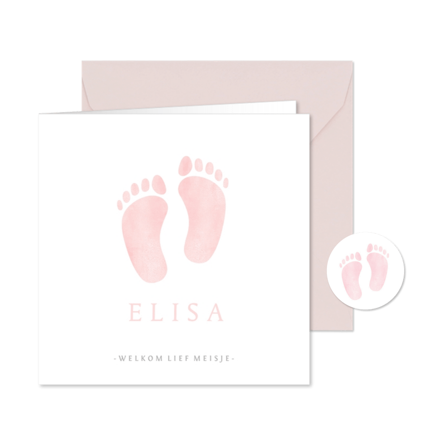 Lief geboortekaartje met roze waterverf baby voetjes - Kaartimpressie