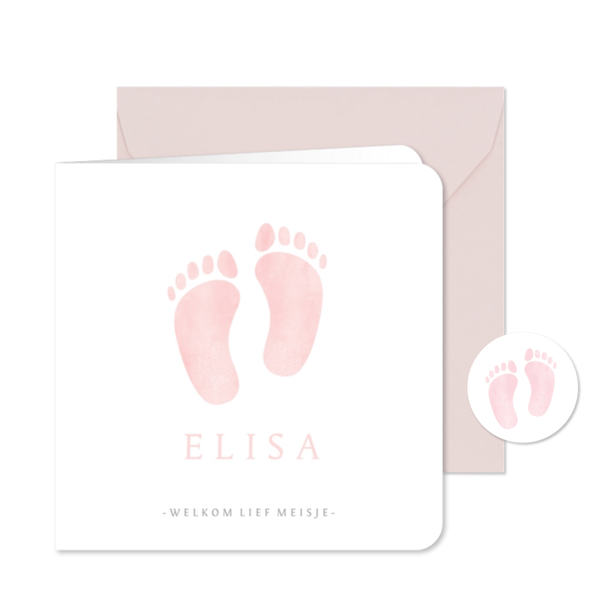 Lief geboortekaartje met roze waterverf baby voetjes - Kaartimpressie