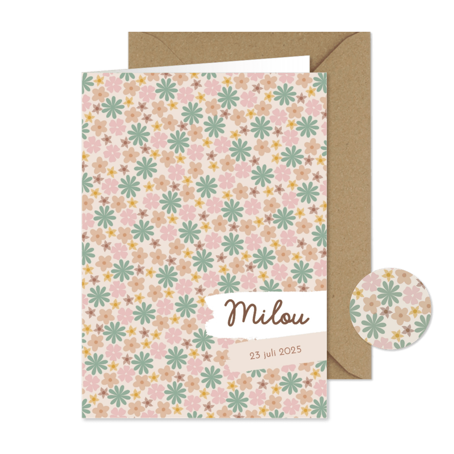 Lief geboortekaartje met schattige bloemetjes - Kaartimpressie