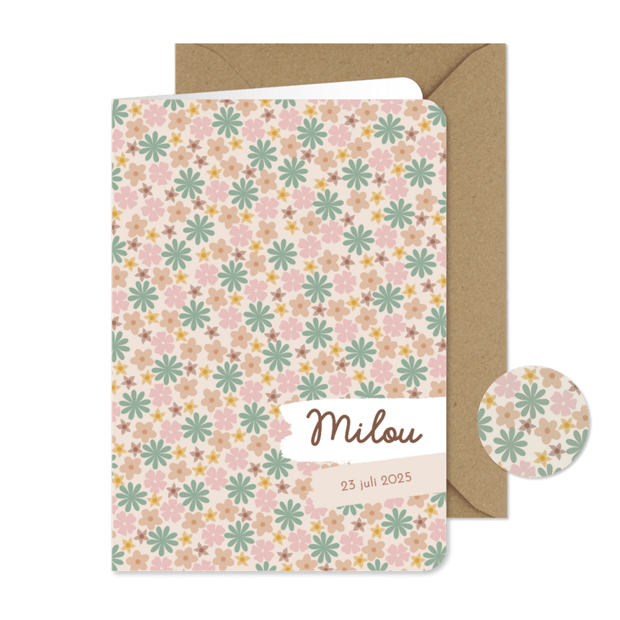 Lief geboortekaartje met schattige bloemetjes - Kaartimpressie