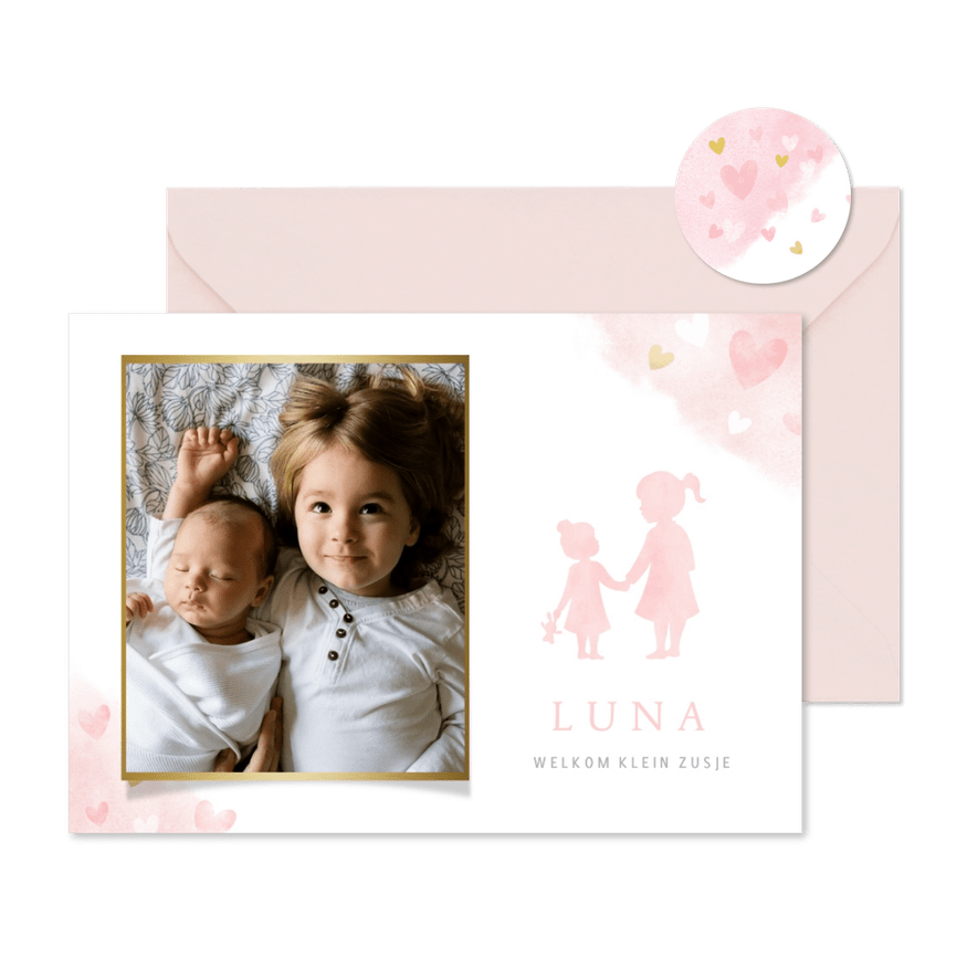 Lief geboortekaartje met silhouet 2 zusjes en eigen foto - Kaartimpressie