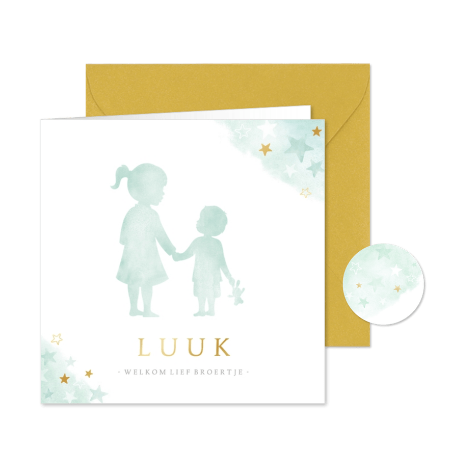 Lief geboortekaartje met silhouet van grote zus en broertje - Kaartimpressie