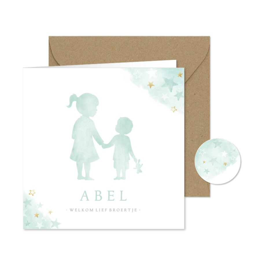 Lief geboortekaartje met silhouet van grote zus en broertje - Kaartimpressie