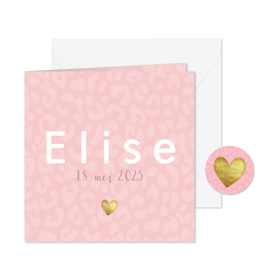 Lief geboortekaartje met strakke typografie en panterprint - Kaartimpressie