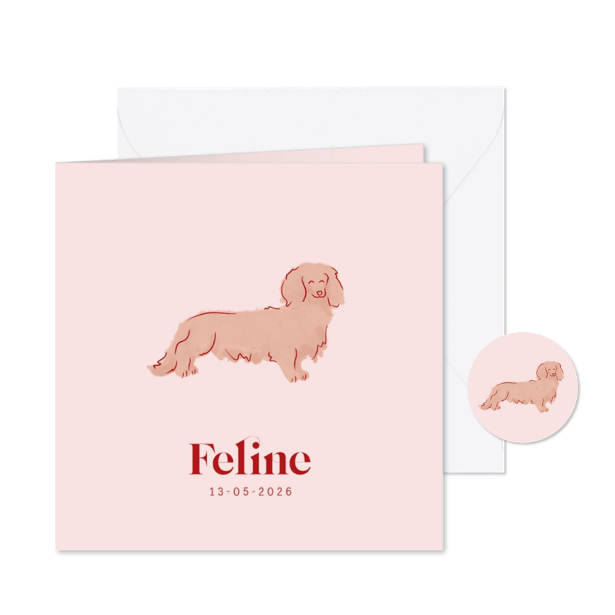 Lief geboortekaartje met teckel hondje in roze - Kaartimpressie