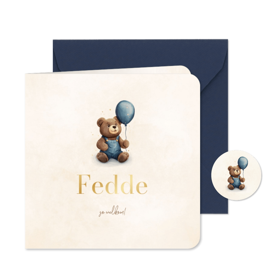 Lief geboortekaartje met teddybeer en blauwe ballon - Kaartimpressie