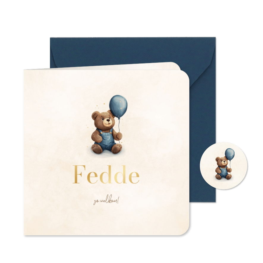 Lief geboortekaartje met teddybeer en blauwe ballon - Kaartimpressie