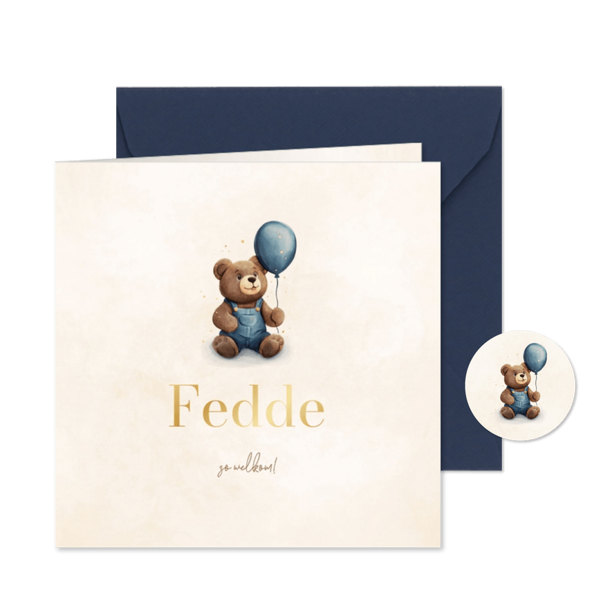 Lief geboortekaartje met teddybeer en blauwe ballon - Kaartimpressie