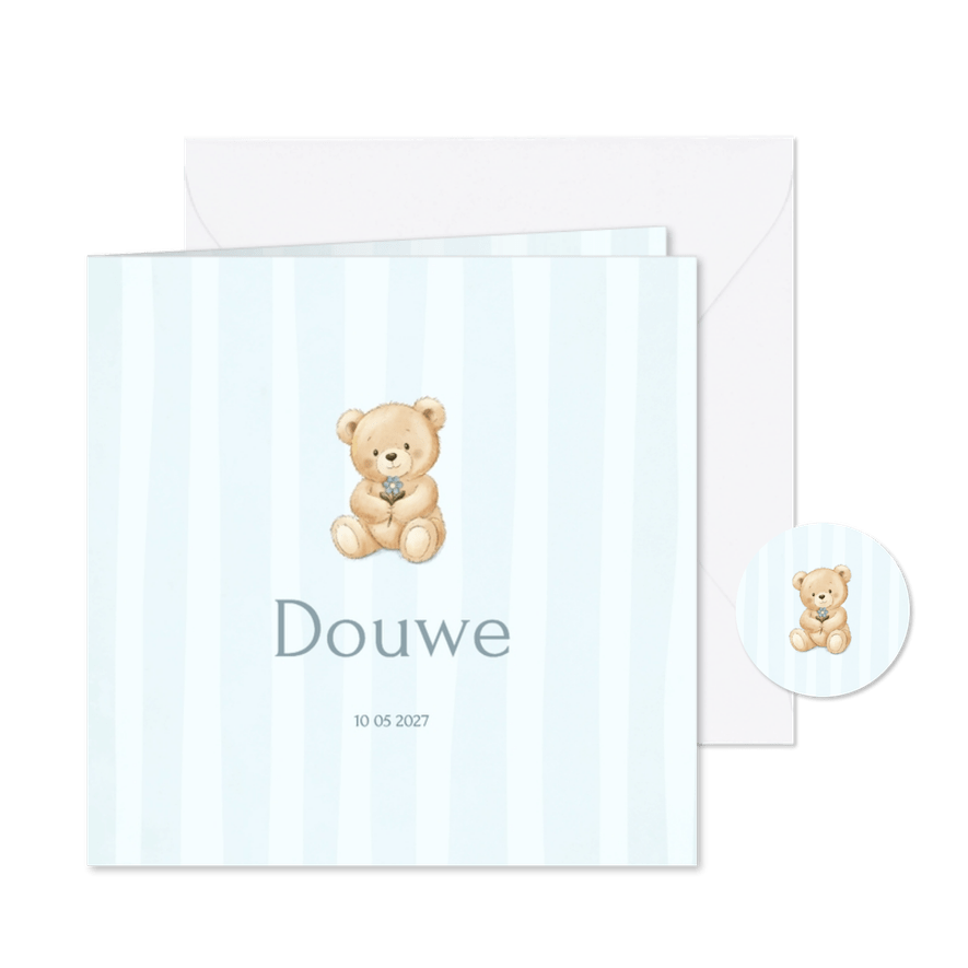 Lief geboortekaartje met teddybeer en blauwe strepen - Kaartimpressie
