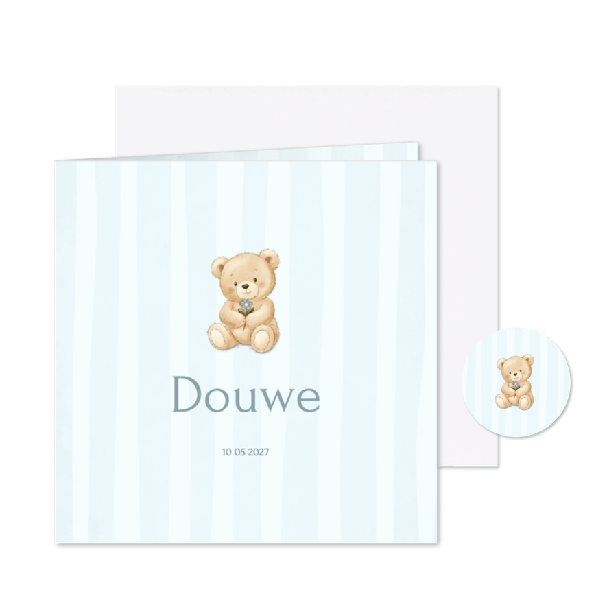 Lief geboortekaartje met teddybeer en blauwe strepen - Kaartimpressie
