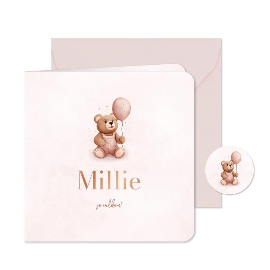 Lief geboortekaartje met teddybeer en roze ballon - Kaartimpressie