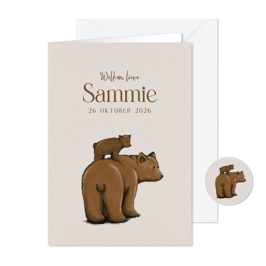 Lief geboortekaartje met tekening van 2 beren in bruintinten - Kaartimpressie