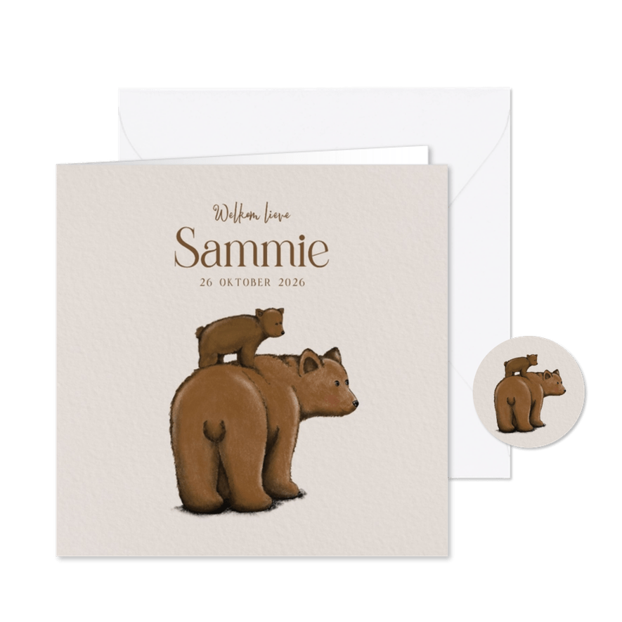 Lief geboortekaartje met tekening van beren in bruintinten - Kaartimpressie