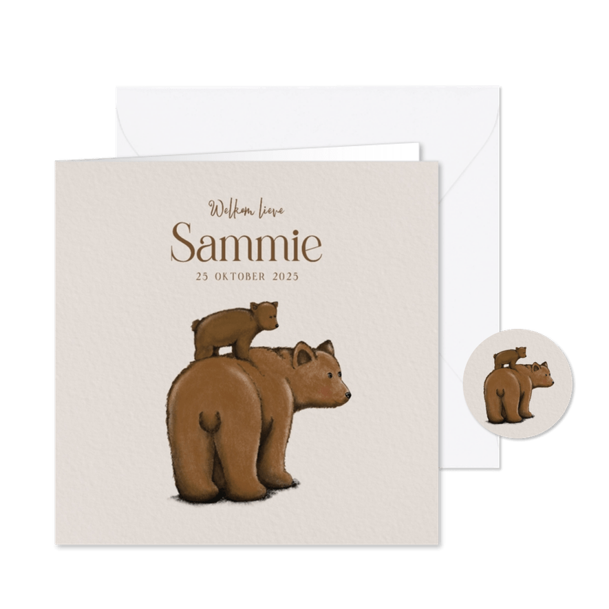 Lief geboortekaartje met tekening van beren in bruintinten - Kaartimpressie