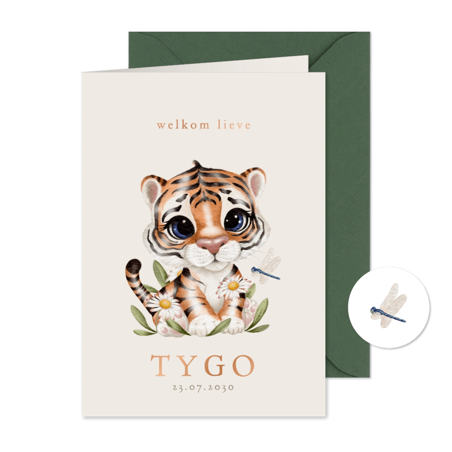 Lief geboortekaartje met tijgertje, bloemen en libelle - Kaartimpressie