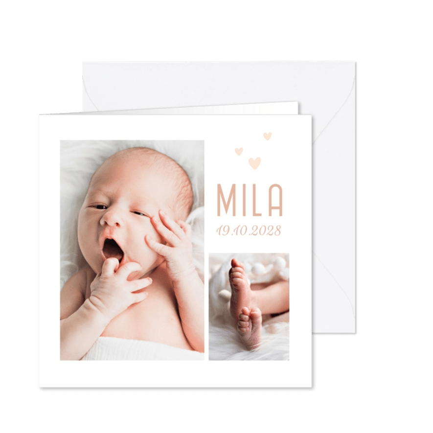 Lief geboortekaartje met twee foto's en hartjes - Kaartimpressie