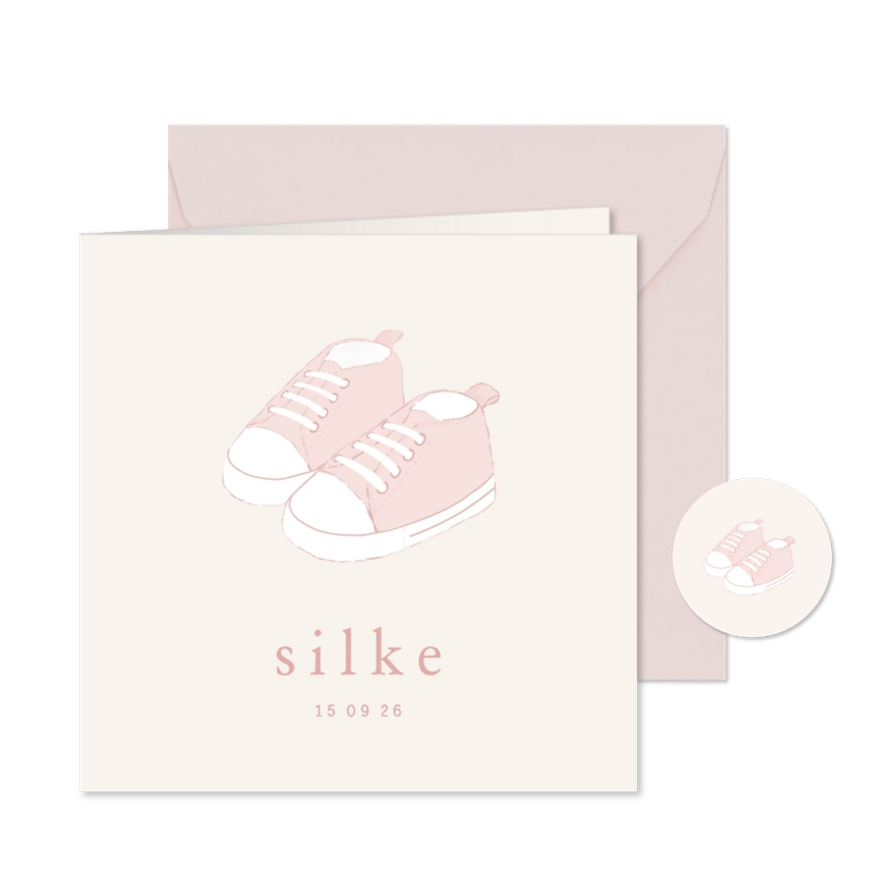 Lief geboortekaartje met twee roze schoentjes - Kaartimpressie