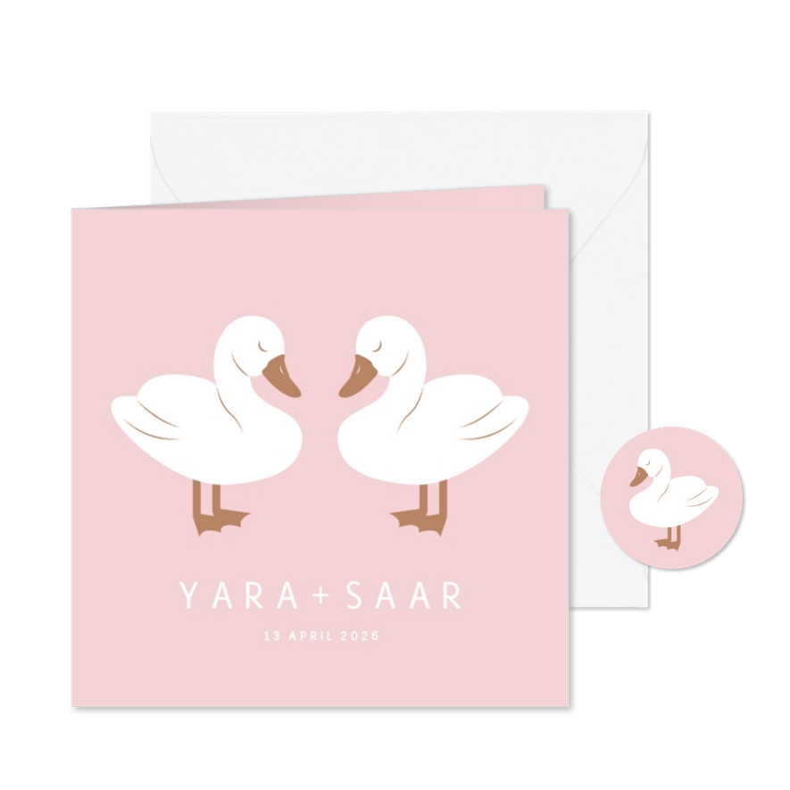 Lief geboortekaartje met twee zwaantjes roze - Kaartimpressie
