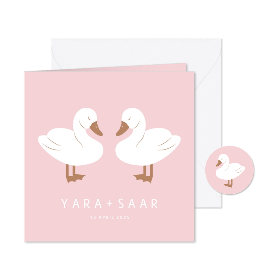 Lief geboortekaartje met twee zwaantjes roze - Kaartimpressie