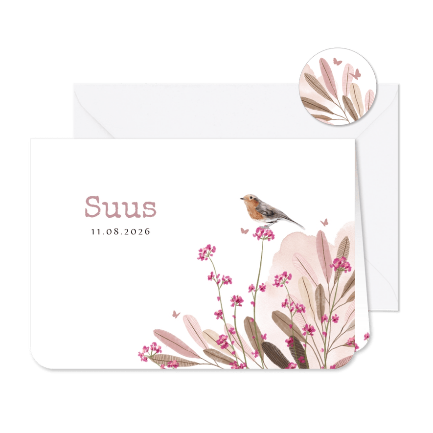 Lief geboortekaartje met velbloemen, watercolour en vogeltje - Kaartimpressie
