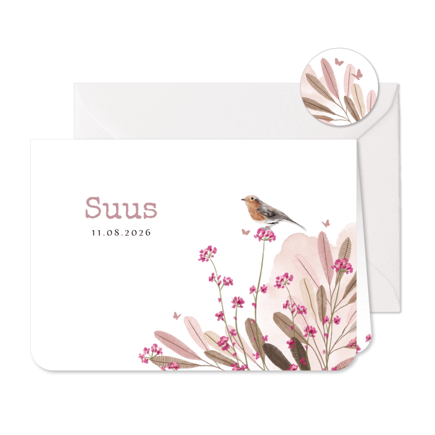 Lief geboortekaartje met velbloemen, watercolour en vogeltje - Kaartimpressie