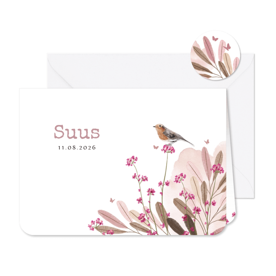Lief geboortekaartje met velbloemen, watercolour en vogeltje - Kaartimpressie
