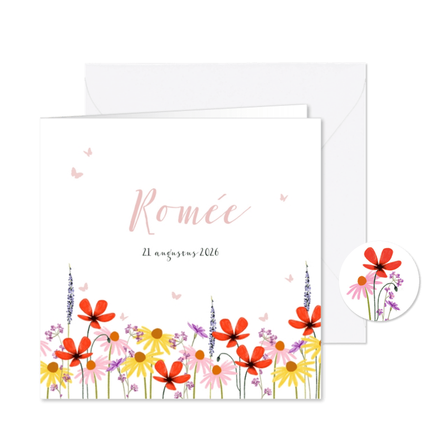 Lief geboortekaartje met veldbloemen en vlindertjes - Kaartimpressie