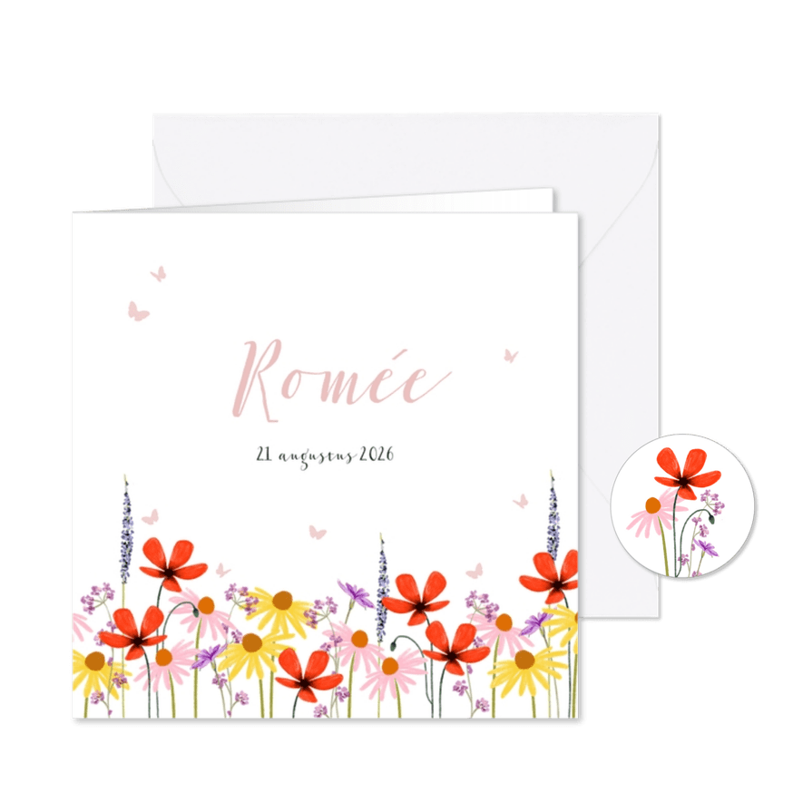 Lief geboortekaartje met veldbloemen en vlindertjes - Kaartimpressie