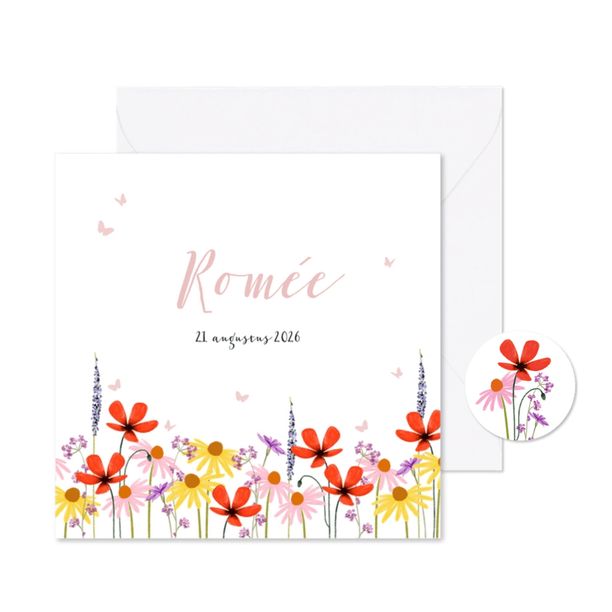 Lief geboortekaartje met veldbloemen en vlindertjes - Kaartimpressie
