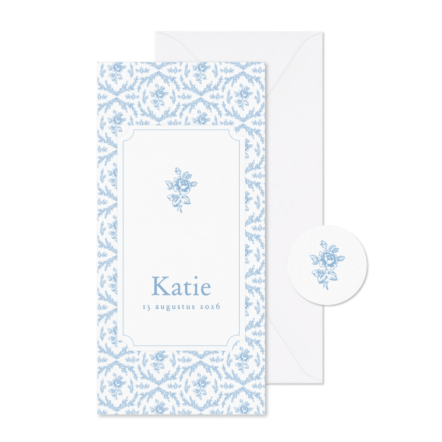 Lief geboortekaartje met vintage patroon blauwe roosjes - Kaartimpressie