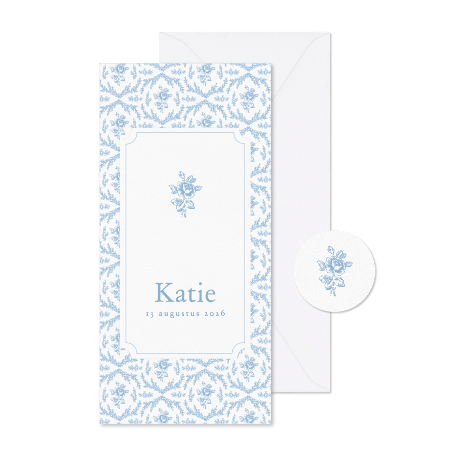 Lief geboortekaartje met vintage patroon blauwe roosjes - Kaartimpressie