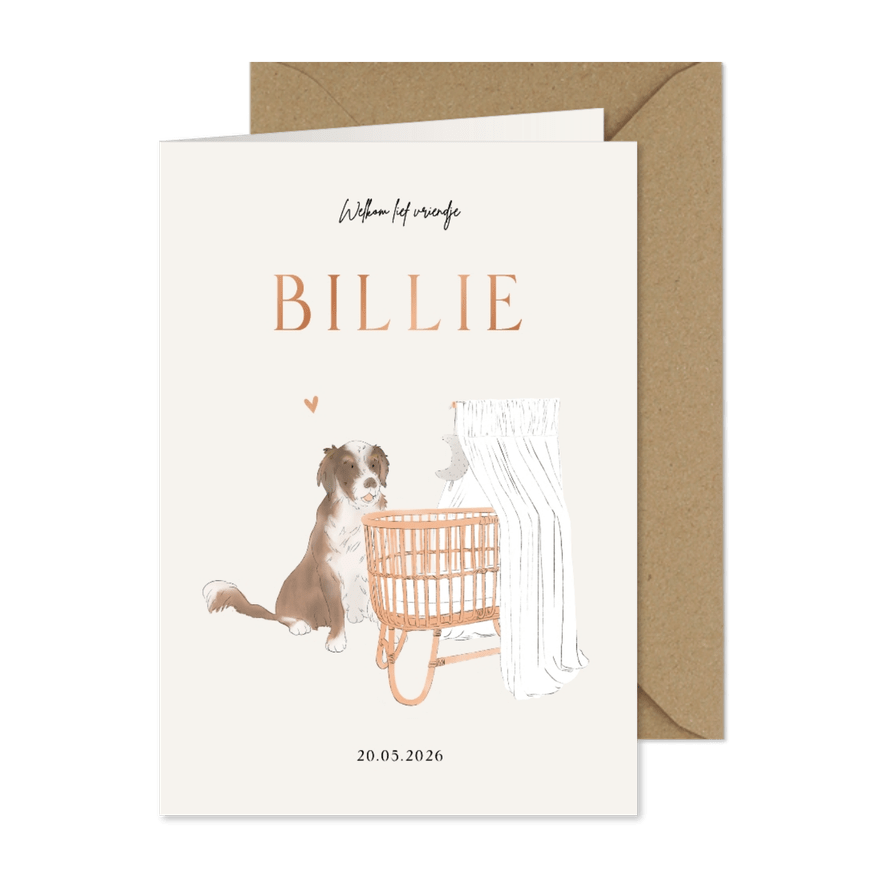 Lief geboortekaartje met vintage wieg en hond koperfolie - Kaartimpressie