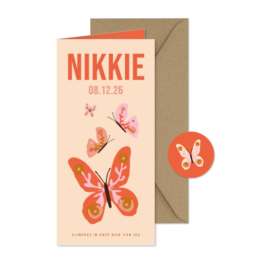 Lief geboortekaartje met vlinders roze rood voor een meisje - Kaartimpressie