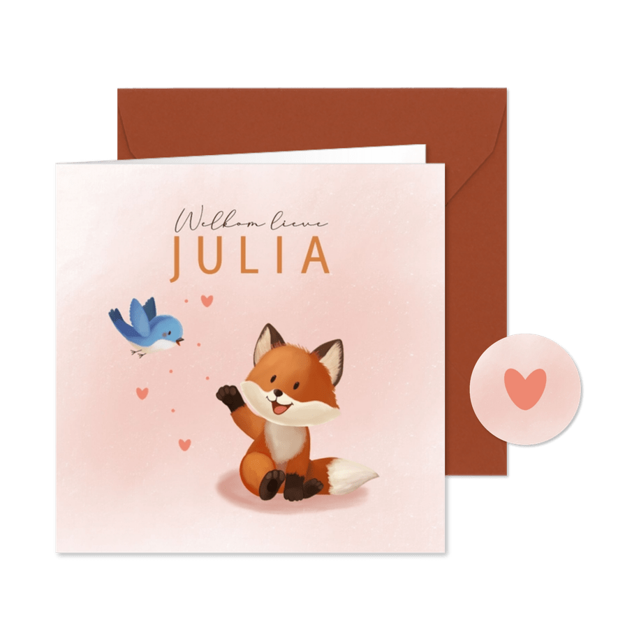 Lief geboortekaartje met vosje en vogel meisje - Kaartimpressie