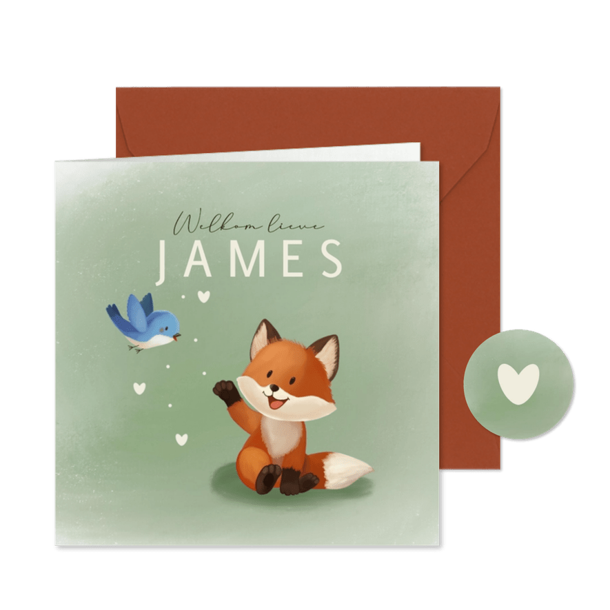 Lief geboortekaartje met vosje en vogel - Kaartimpressie